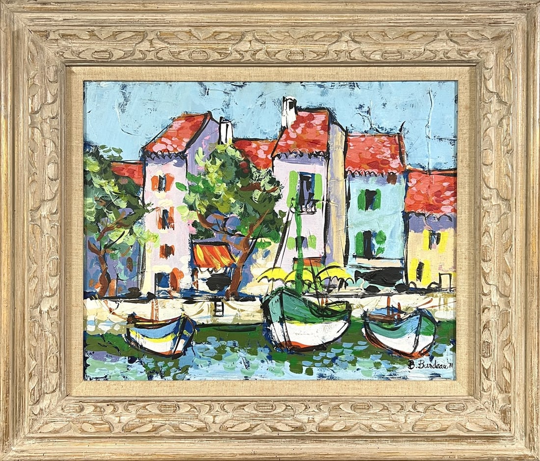 B. BARDEAU CANAL PAINTING: OIL ON CANVAS PAINTING OF BOATS IN THE CANAL. FRAMED, 25"X28"
