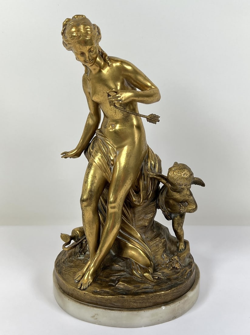 LOUIS SIMON BOIZOT BRONZE SCULPTURE: GILT BRONZE AFTER LOUIS XVI STATUETTE. ON MARBLE BASE. 14"H