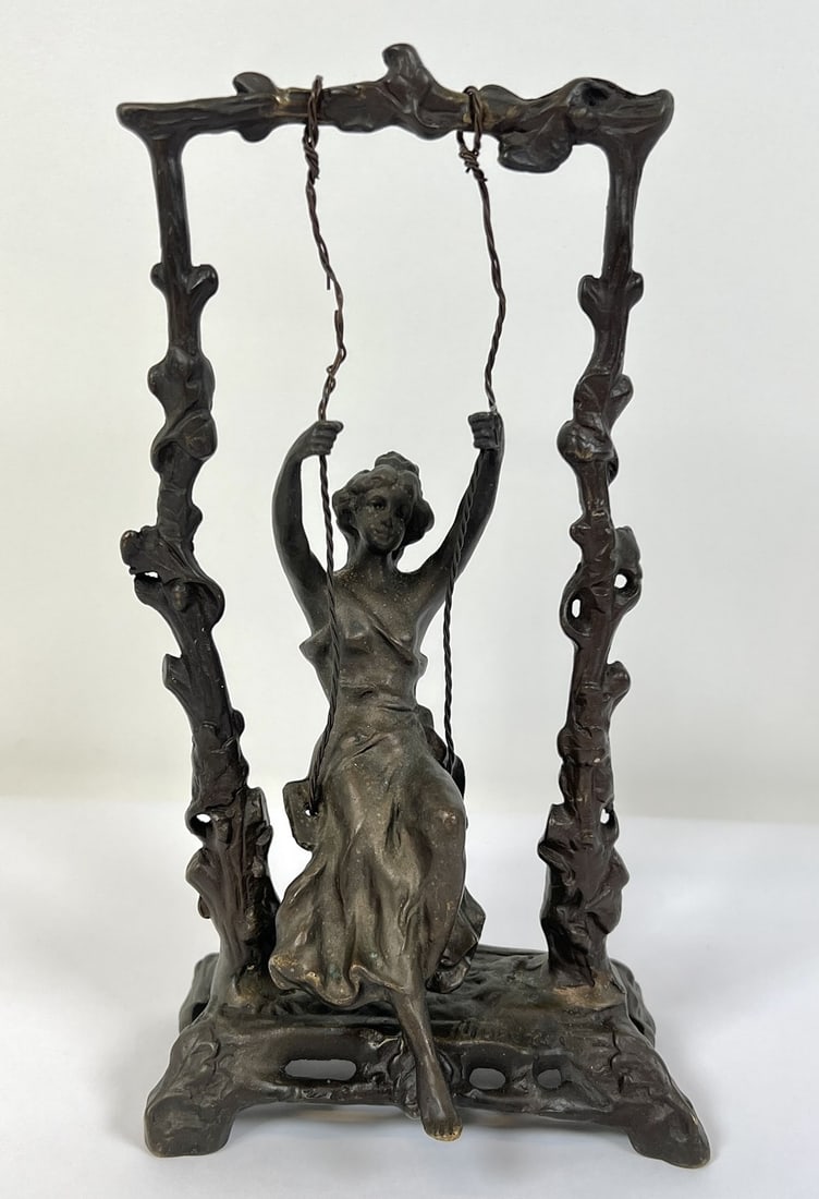 AFTER AUGUSTE MOREAU - GIRL ON SWING: METALLIC SCULPTURE. 9.5"