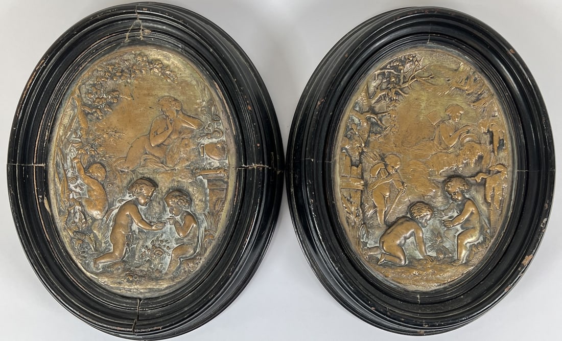 AFTER CRISTOFLE BRONZE BAS RELIEF PLAQUES: WINTER AND AUTUMN ALLEGORICAL. 13.75"H