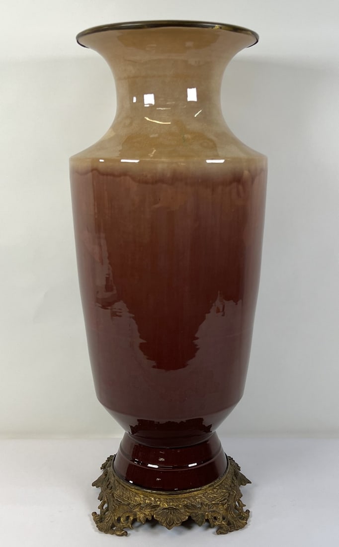 MONUMENTAL FLOOR STANDING POTTERY: FITTED WITH BRASS BASE AND CAP. NO MARKS ON THE BOTTOM OF POTTERY. 27"