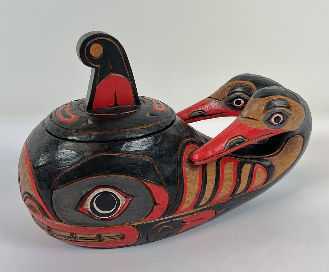 NW PACIFIC CARVED TRINKET BOX: ORCA SWAN, HAND-CARVED AND PAINTED. 10"L