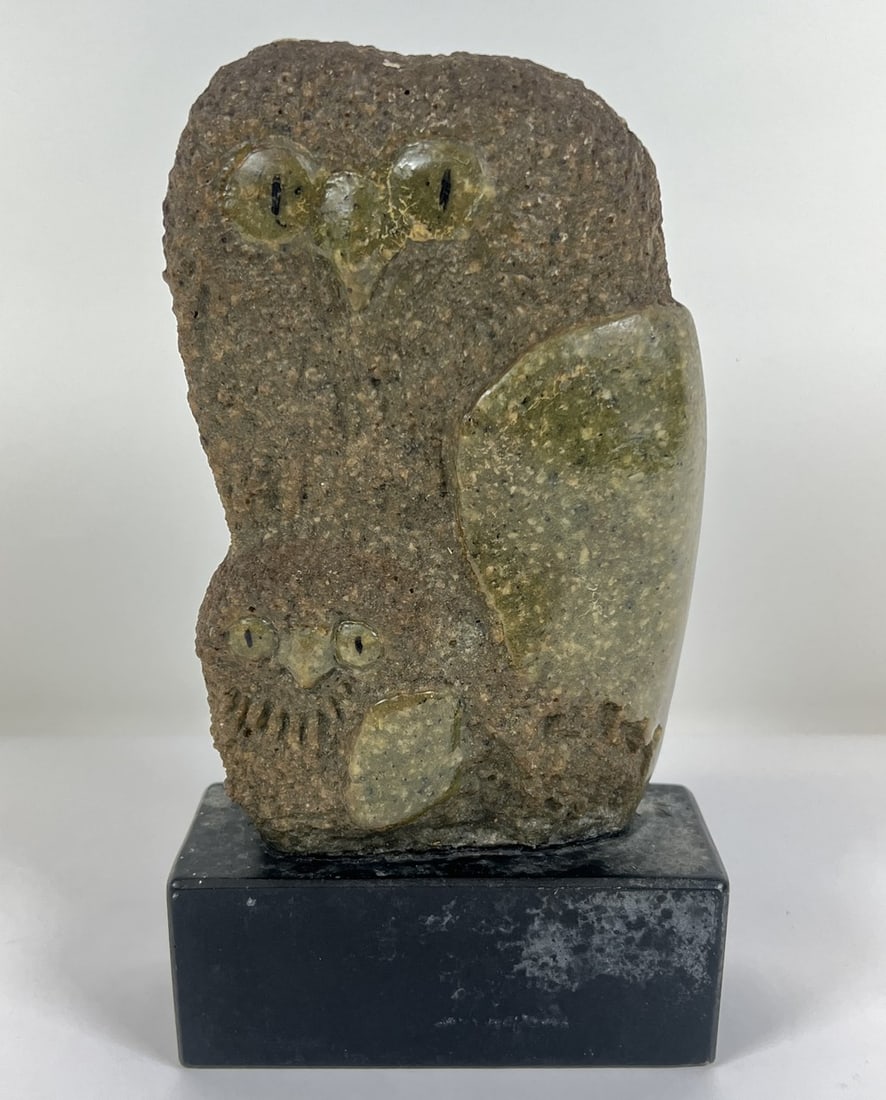 FRANK ELISCU OWL SCULPTURE: FRANK ELISCU (1912-1996) STONE OWL SCULPTURE. SIGNED. 9.75"
