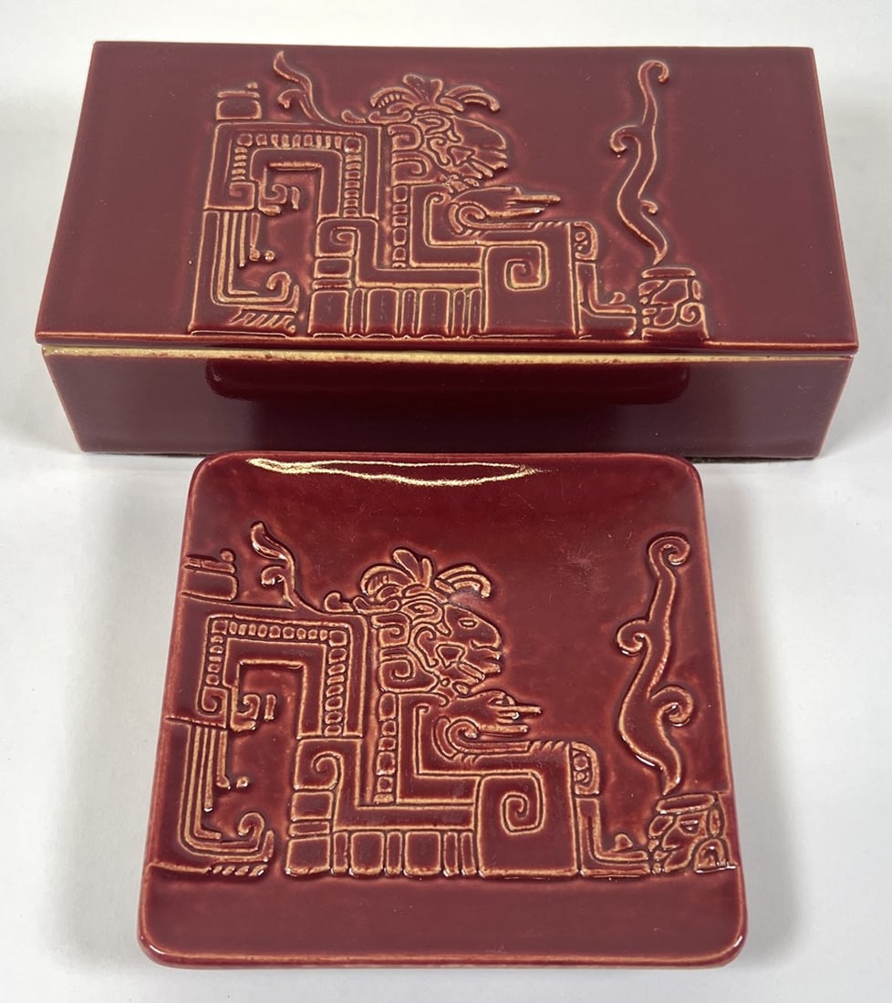 CERAMIC TRINKET BOX AND TRAY: ROMANI TILES - UNITED STATES QUARRY TILE CO. TRINKET IS 7"X4"X2"