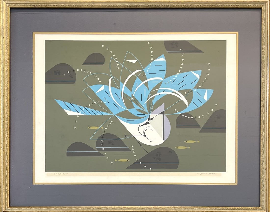 CHARLIE HARPER BLUE JAY BATHING SERIGRAPH: SIGNED AND NUMBERED IN GRAPHITE, FRAMED, 26"X32"