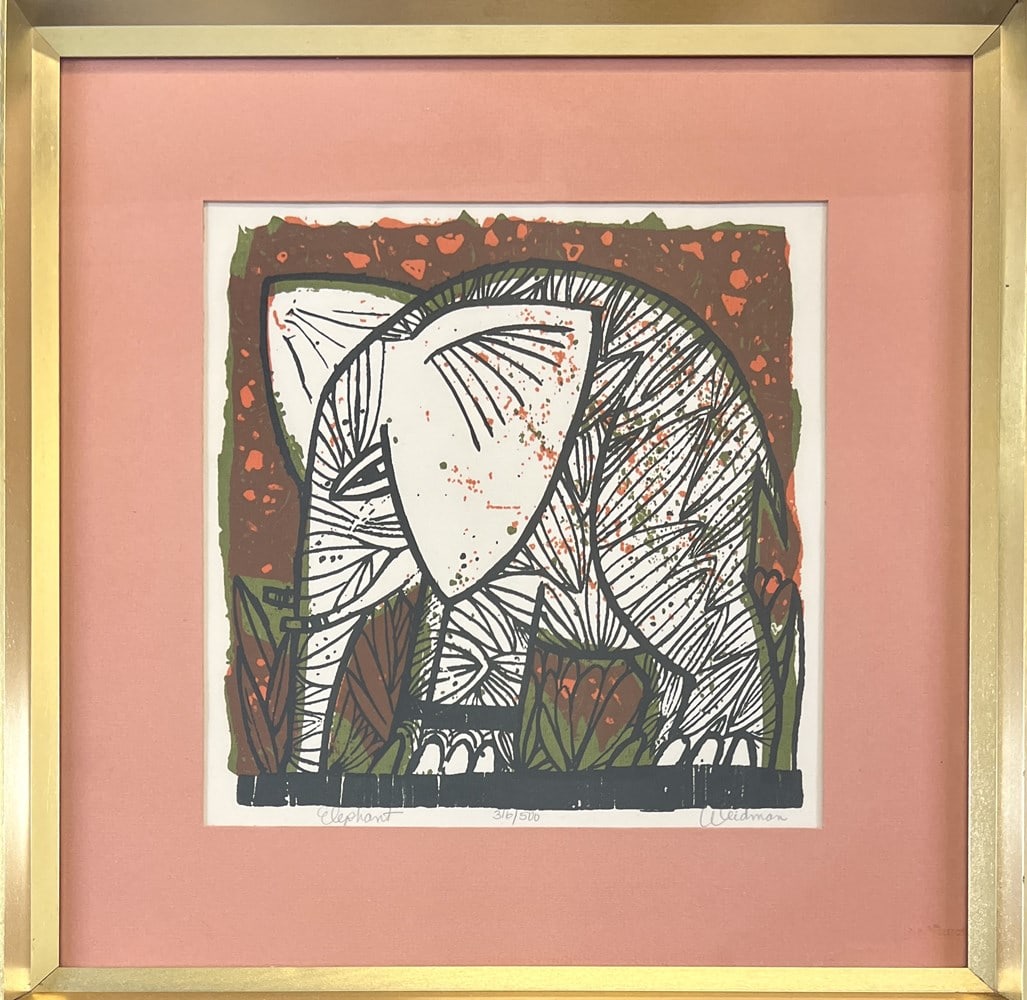 DAVID WEIDMAN ELEPHANT SILK SCREEN: SIGNED AND NUMBERD, AN EDITION OF 500. FRAMED, 18"X18"