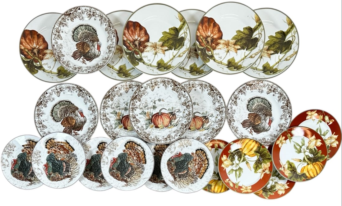 WILLIAMS SONOMA CALIFORNIA THANKSGIVING WARES: TURKEY PLATES 10.25 & 8,5", HARVEST/PUMPKIN 8.5 & 11"