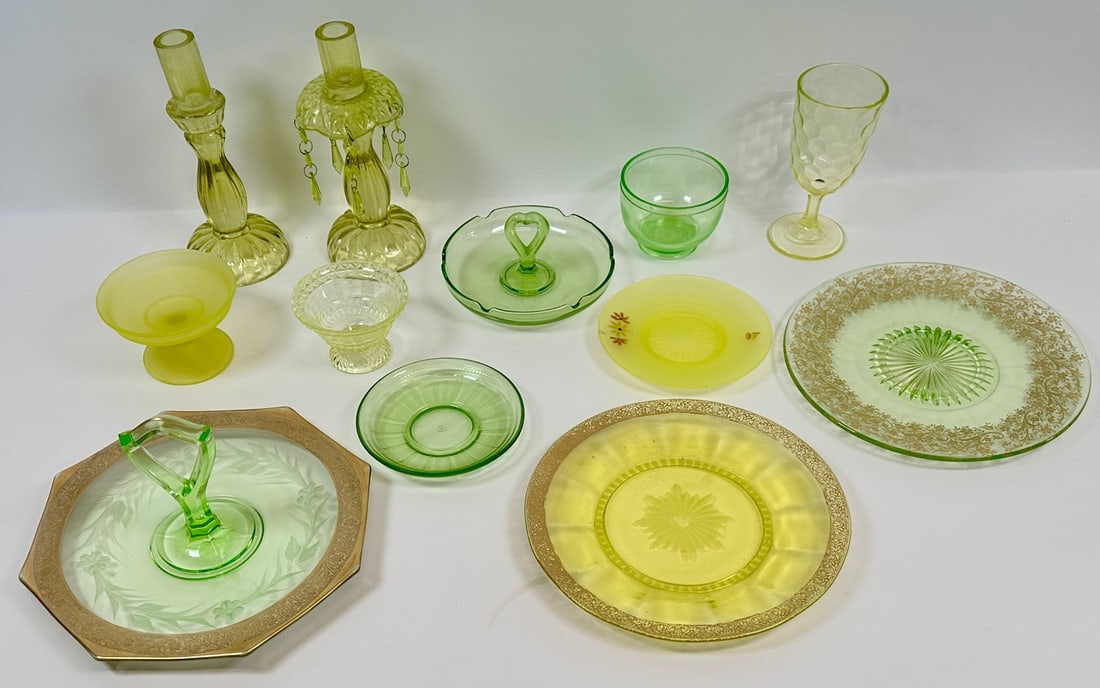 COLLECTION OF VASELINE URANIUM GLASS: SERVING DISHES, CANDLE HOLDERS AND MORE
