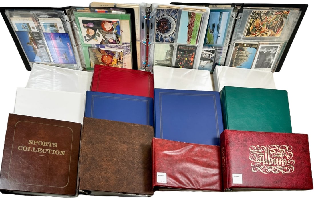 ESTATE COLLECTION OF EPHEMERA - 15 BINDERS: 15 BINDERS WITH CONTENTS INCLUDING: SOUVENIR POSTCARDS, VALENTINES, BIRTHDAY HOLIDAY CARDS, ICE CREAM TOPPERS, CALLING CARDS, FDC AND MORE.