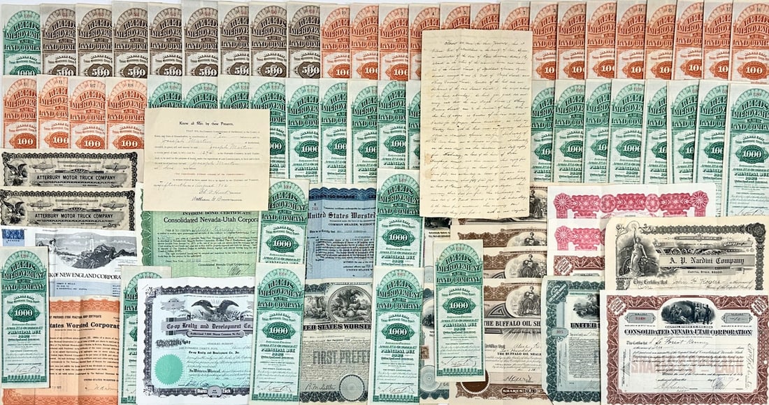 COLLECTION OF OLD STOCK CERTIFICATES - DEEDS: STOCK CERTIFICATES, DEEDS AND MORTGAGES, ASSORTED EPHEMERA.