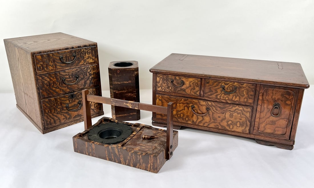JAPANESE CHERRY WOOD ITEMS: TEA CADDY, ASH TRAY, FLOWER VASE, TAN SU
