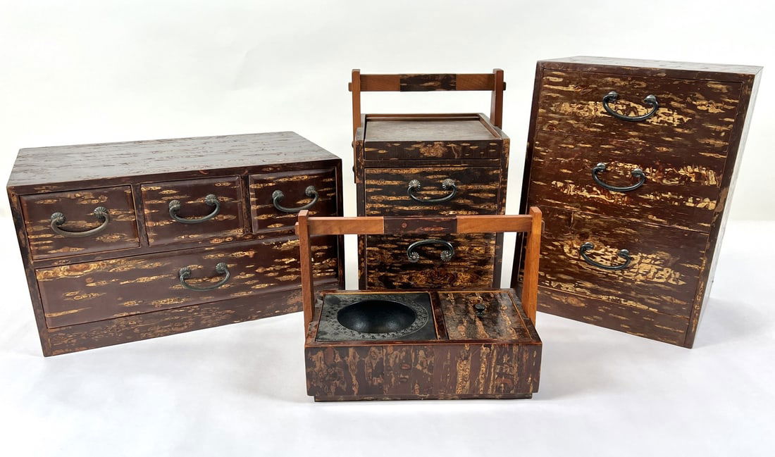 JAPANESE CHERRY WOOD ITEMS: TEA CADDY, ASH TRAY, FLOWER VASE, TAN SU