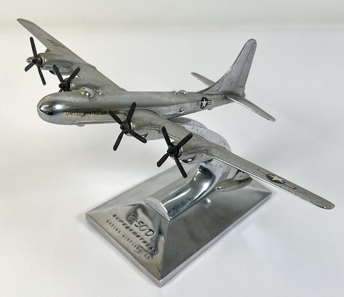 ALLYN SALES BOEING USAF B-50D SUPERFORTRESS MODEL: DESK TOP MODEL IN CHROME. MINOR PITTING. 7"H