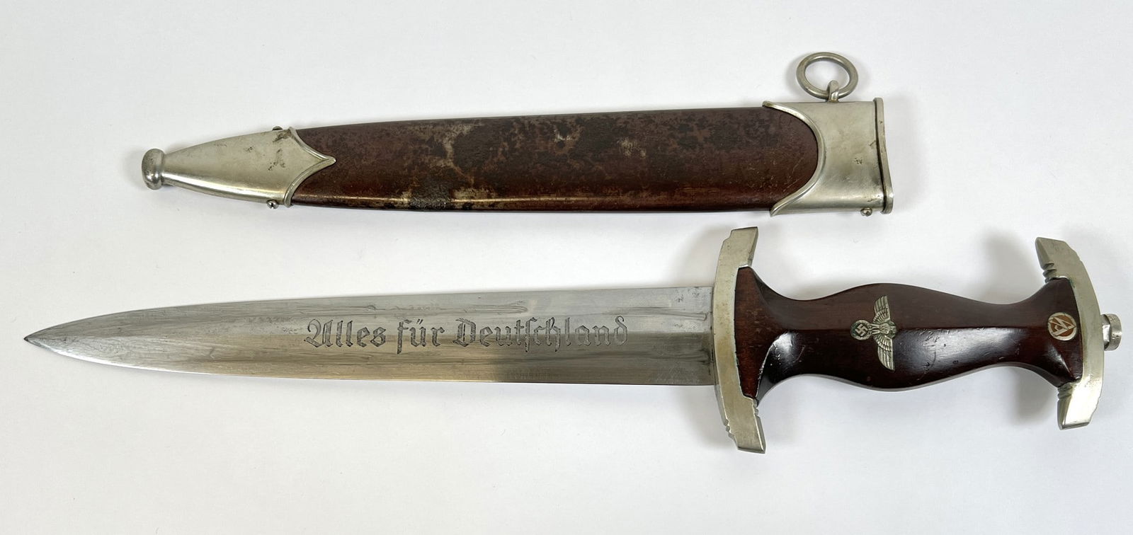 GERMANY TH MODEL 1933 STURMABTEILUNG DAGGER: ORIGINAL NAZI STORM TROOPER DAGGER. GEBRUDER HELLER MARK, BRIGHT CLEAN BLADE, WITH SCABBARD. OVERALL 13.5"