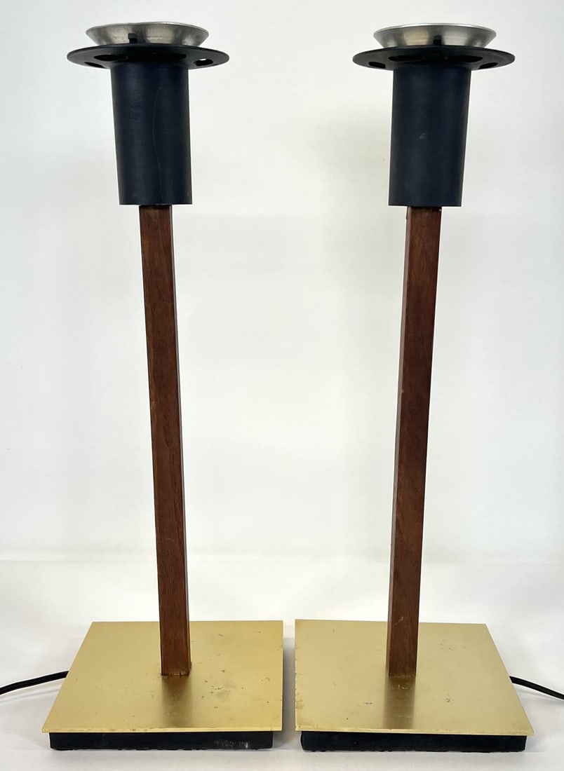 AFTER THURSTON FOR LIGHTOLIER TABLE LAMPS: PAIR - GOLD TONED BASE WITH TEAK STEM. ONE WITH REPLACED SWITCH. SOME AREAS OF PITTING. UPDATED CORDS. BASE TO SOCKET 18"