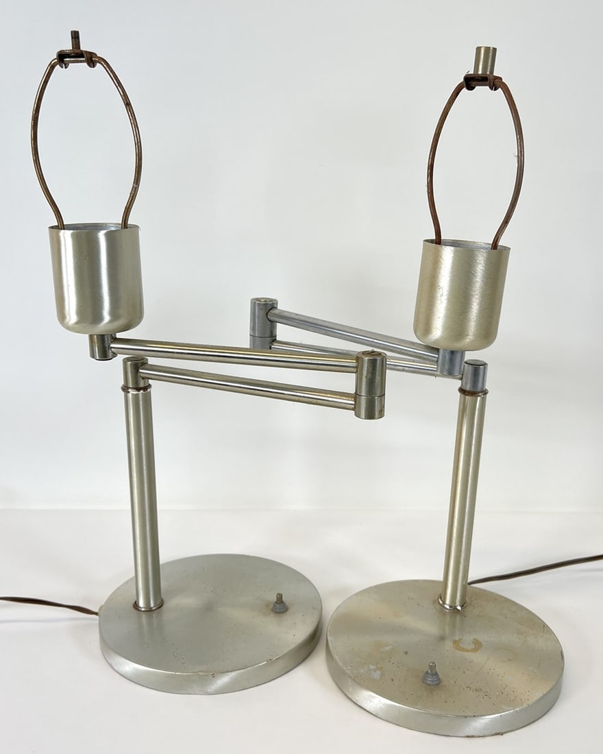NESSEN (ATTR.) SWING ARM TABLE LAMPS: PAIR - SOME AREAS OF PITTING AND WEAR. BASE TO SOCKET 14"