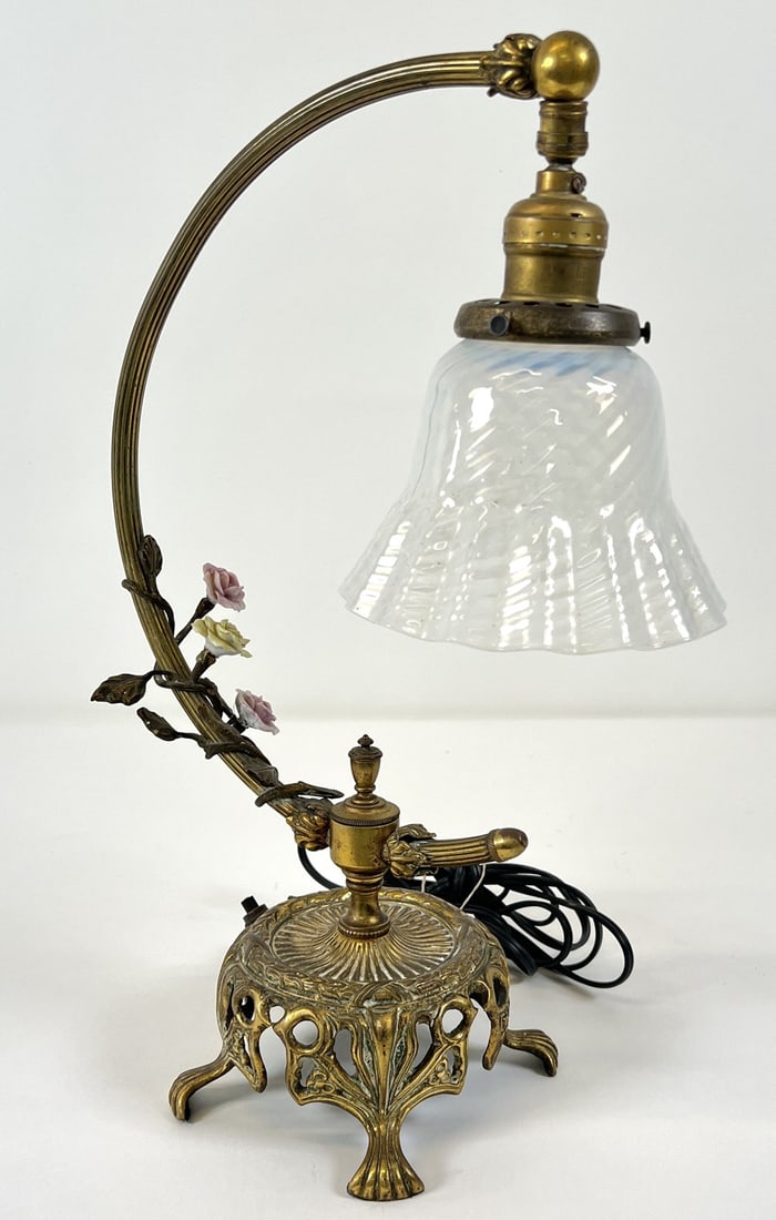 ANTIQUE FRENCH ORMOLU LAMP: VANITY OR DESK LAMP WITH OPALESCENT SHADE WITH ACCENTING FLOWERS. 16"H