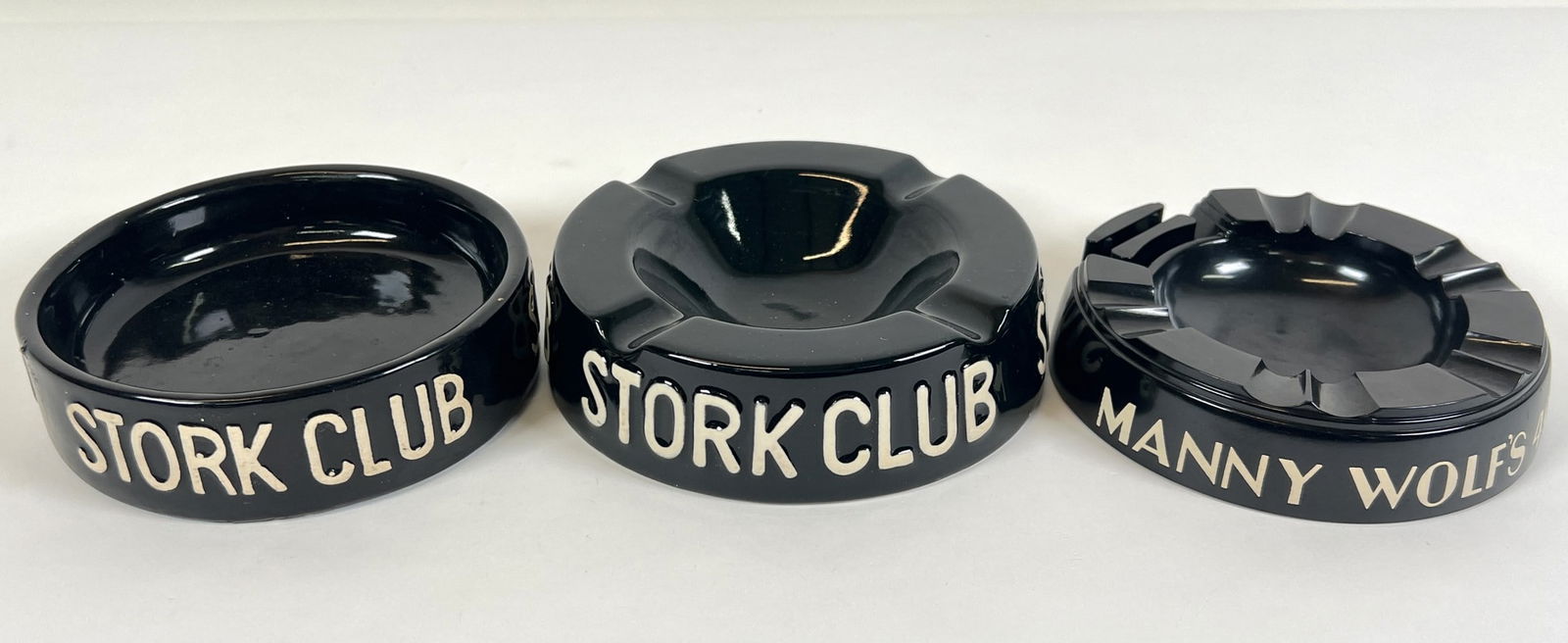 MANHATTAN NEW YORK ASHTRAYS: VINTAGE ASHTRAYS FROM MANNY WOLF'S 49TH STREET CHOP HOUSE AND THE STORK CLUB. 5"