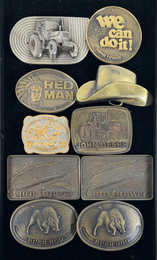 VINTAGE BELT BUCKLE COLLECTION: TRACTORS, FARMING, RODEO, ETC.