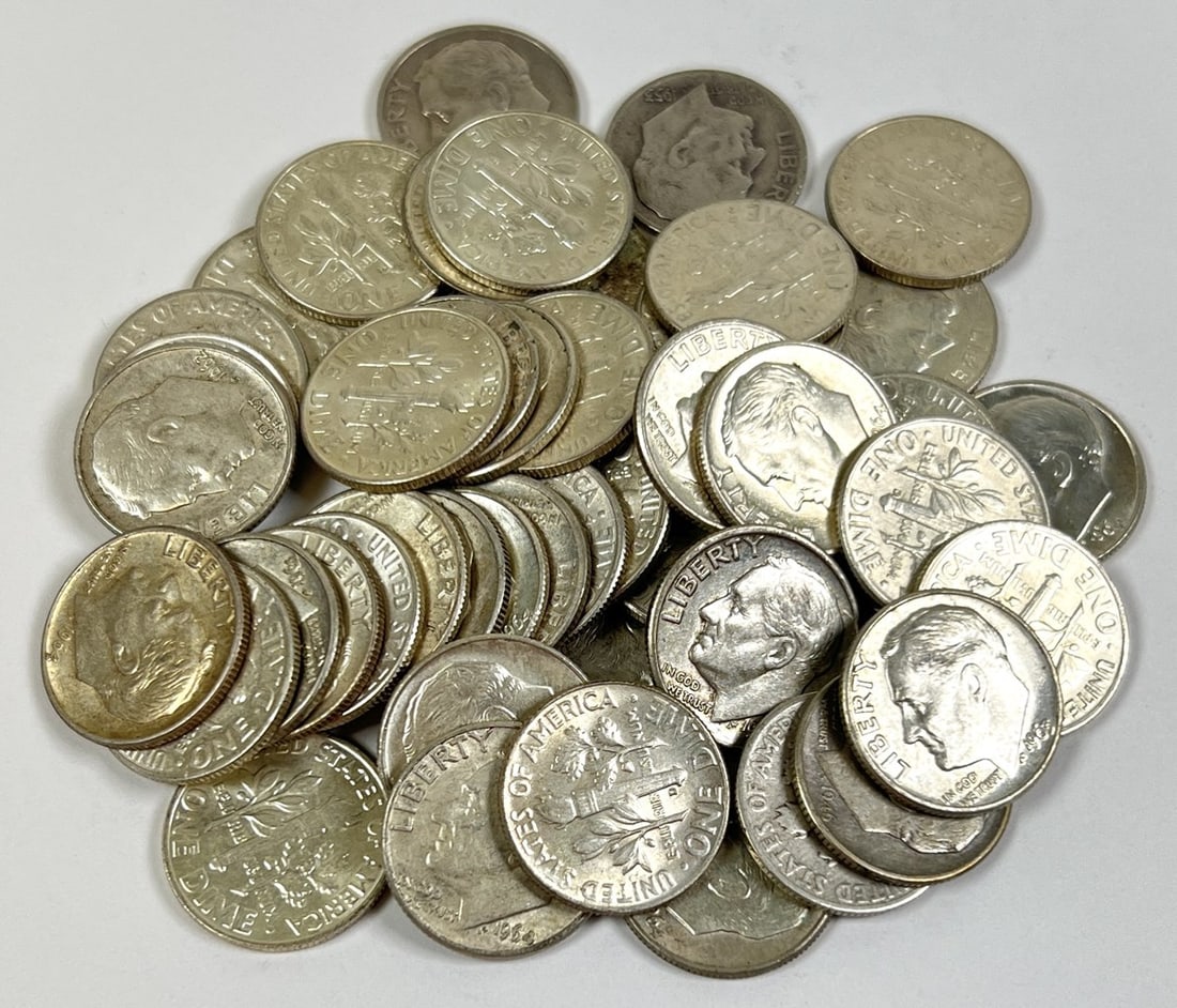 ROLL OF U.S. ROOSEVELT SILVER DIMES: 90% SILVER DIME ROLL, MIXED DATE, CIRCULATED
