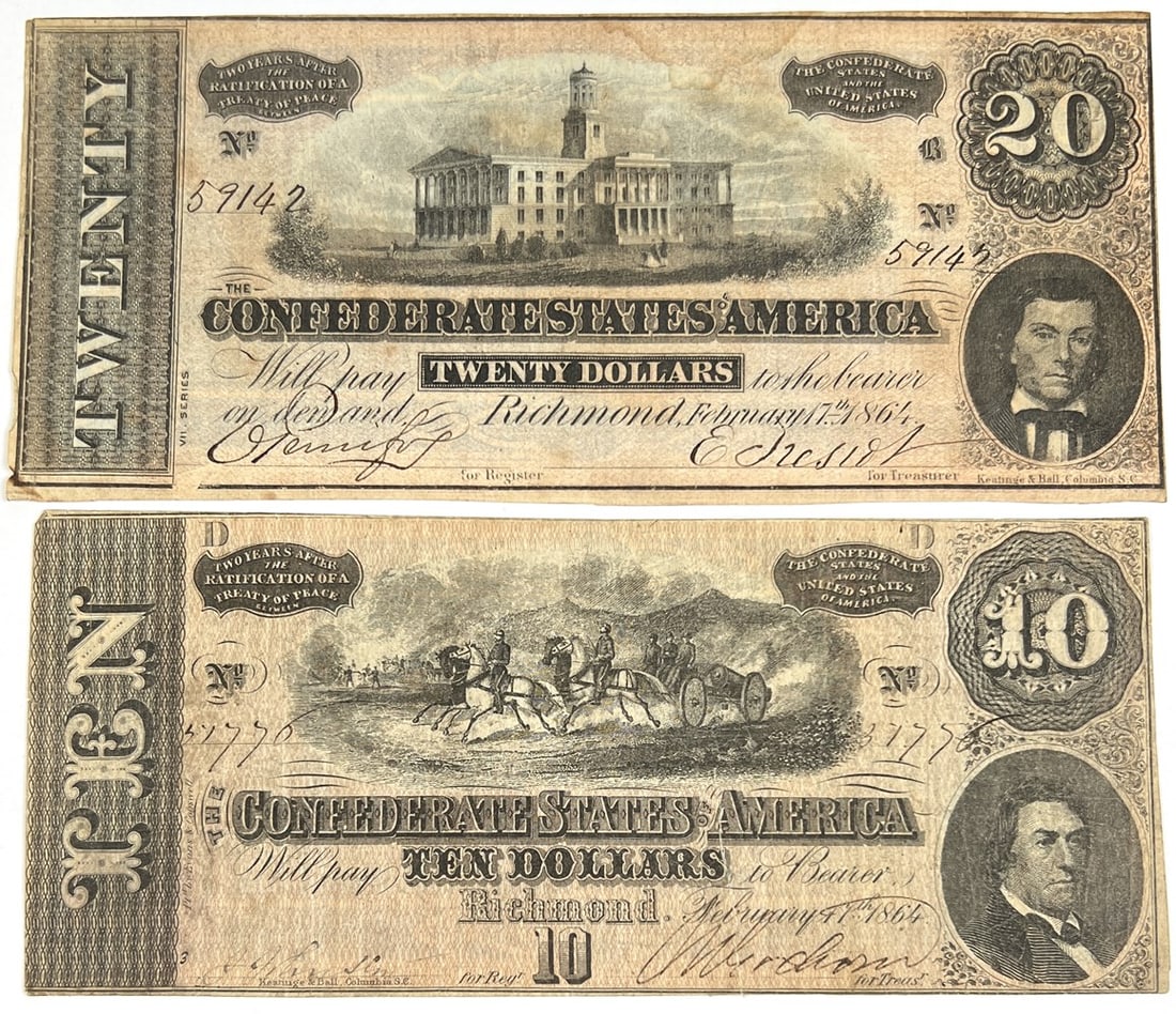 CONFEDERATE CURRENCY NOTES: PAIR OF 1864 CONFEDERATE CURRENCY NOTES, $10 AND $20