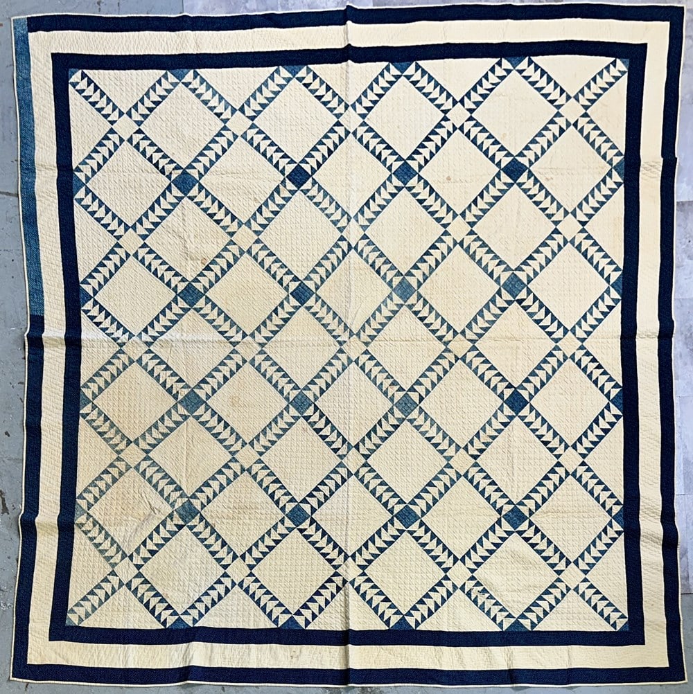VINTAGE HM QUILT: VINTAGE WITH SCATTERED WEAR/STAINING. 80"X84"