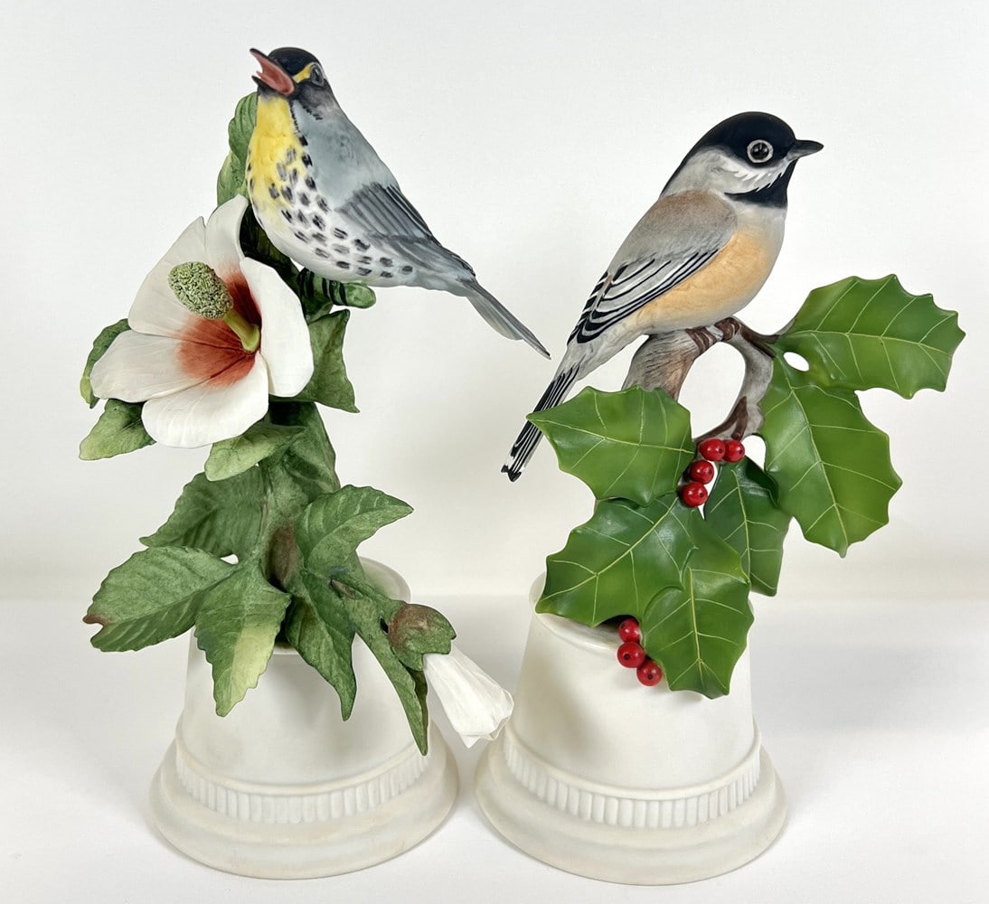 BOEHM PORCELAIN BIRDS: YELLOW THROATED WARBLER #431 PAIR, BLACK CAPPED CHICKADEE #458 8.5". LOCAL PICK UP ONLY, WE WILL NOT SHIP THIS ITEM.
