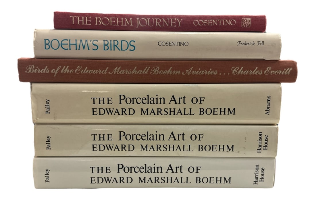 BOEHM PORCELAIN BOOKS: THE PORCELAIN OF EDWARD MARSHALL BOEHM (3), BIRDS OF THE EDWARD MARSHALL BOEHM AVIARIES, BOEHM'S BIRDS - THE PORCELAIN ART OF M.B., THE BOEHM JOURNEY TO CHINA, LIMITED EDITION FOLIO.