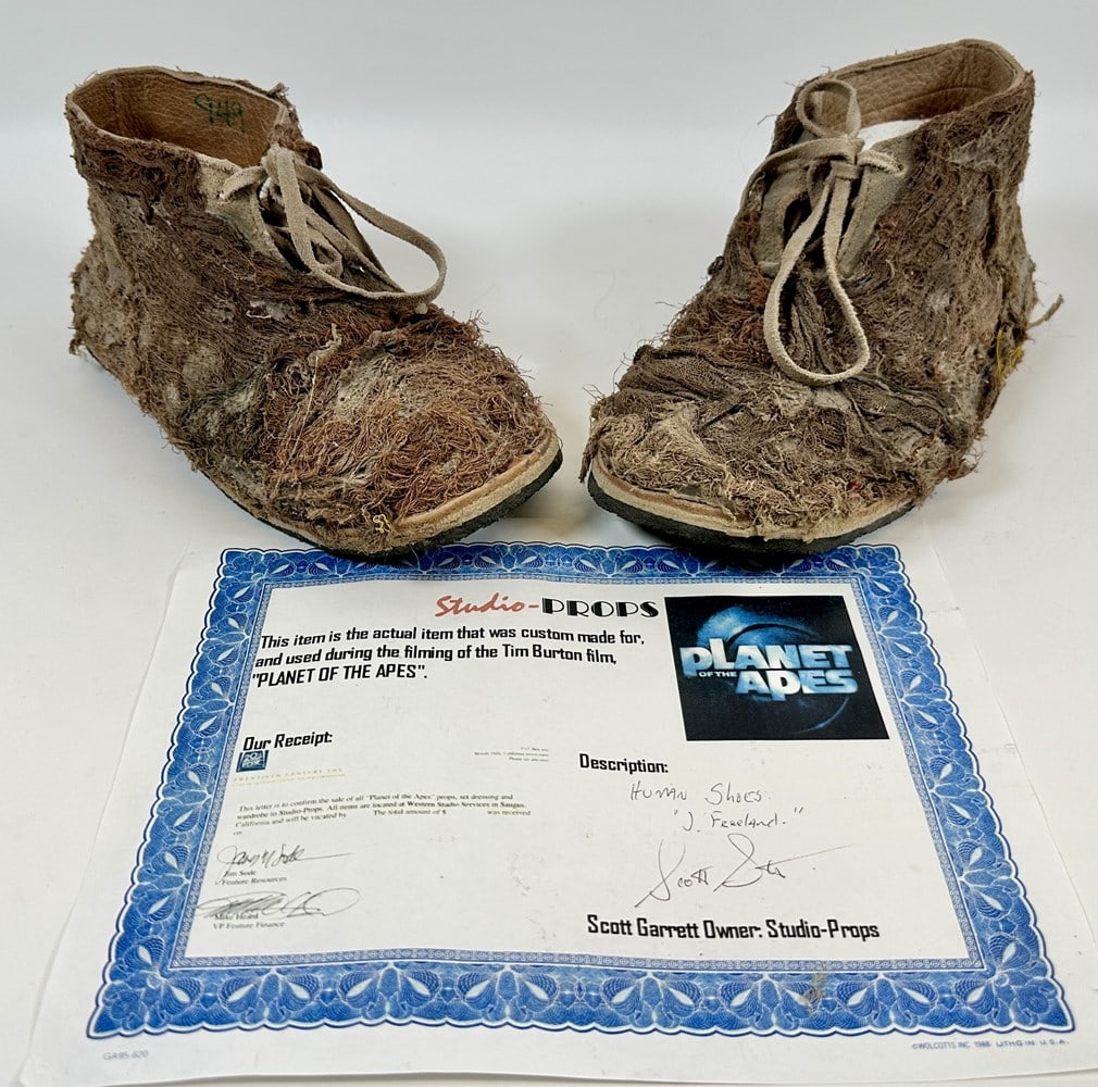 MOVIE PROP - PLANET OF THE APES SHOES: HUMAN SHOES - J. FREELAND, STUDIO PROPS COA.