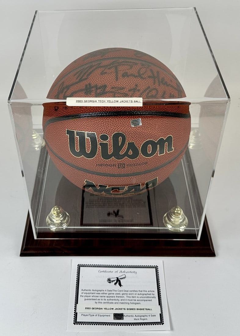2003 GEORGIA TECH BASKETBALL SIGNED TEAM BALL: WITH COA BY AUTHENTIC AUTOGRAPHS - THE CARD DEAL. IN DISPLAY CASE.