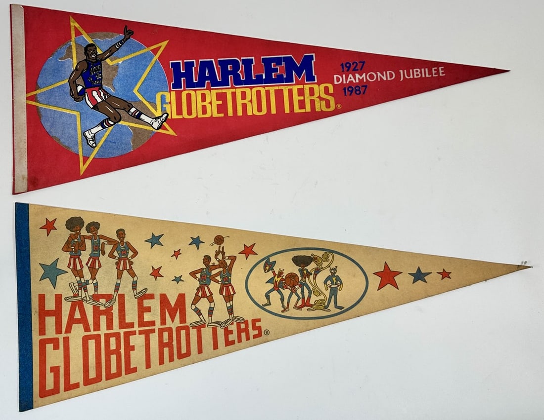HARLEM GLOBETROTTERS BASEKTBALL PENNANTS: VINTAGE FELT PENNANTS, 1987 AND 1970'S.