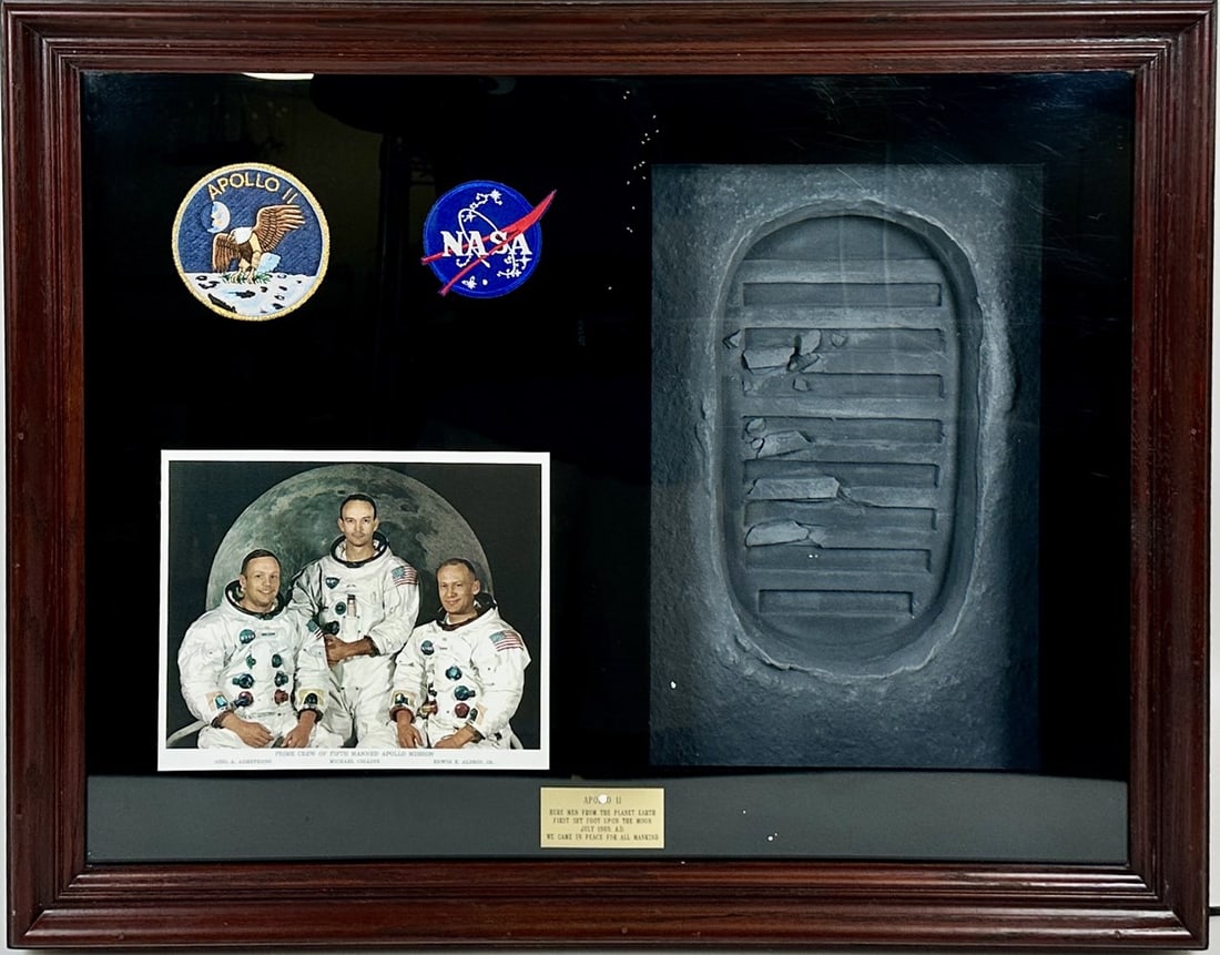 NASA APOLLO 11 MOONLANDING DISPLAY: APOLLO 11 - WHERE MEN FROM THE PLANET EARTH FIRST SET FOOT UPON THE MOON. WE CAME IN PEACE FOR ALL MANKIND. BACK LIT DISPLAY. 30"X23"