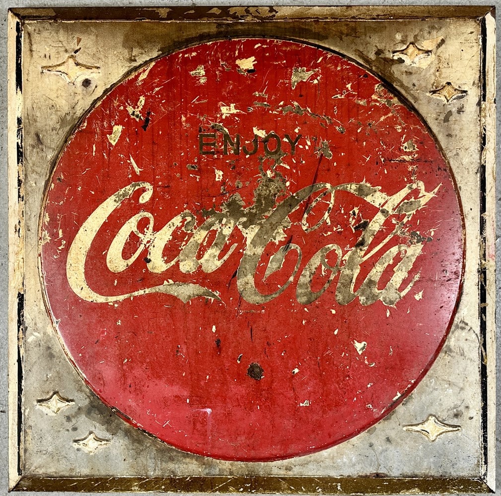 ENJOY COCA-COLA SST TIN BOX SIGN: LARGE ADVERTISINGCOCA-COLA SINGLE SIDED TIN BOX SIGN WITH FLANGE EDGES. SIGNIFICANT WEAR AND LOSS AS SHOWN. 36"X36"