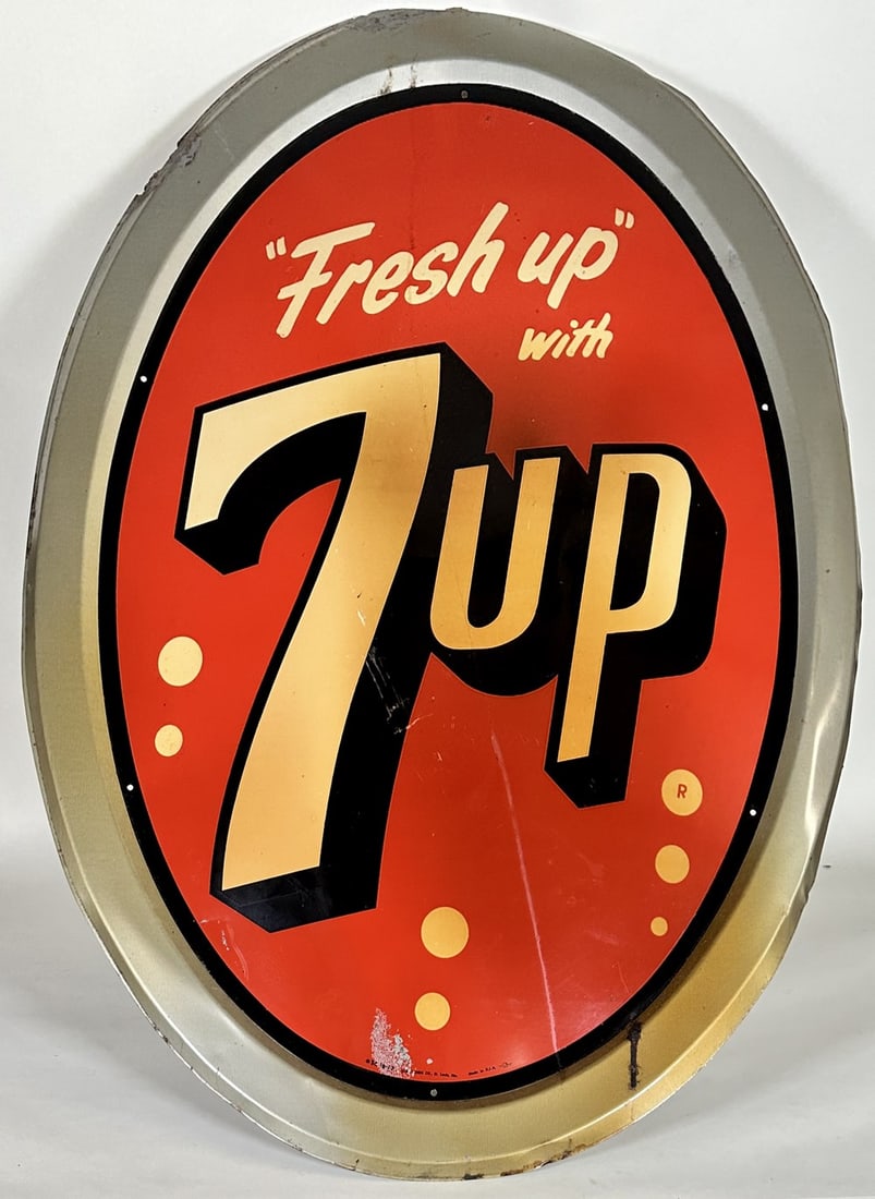 7-UP COLA MEDALLION ADVERTISING SST SIGN: FRESH-UP WITH 7-UP MEDALLION. EDGEWEAR, TONING. 30"X41"