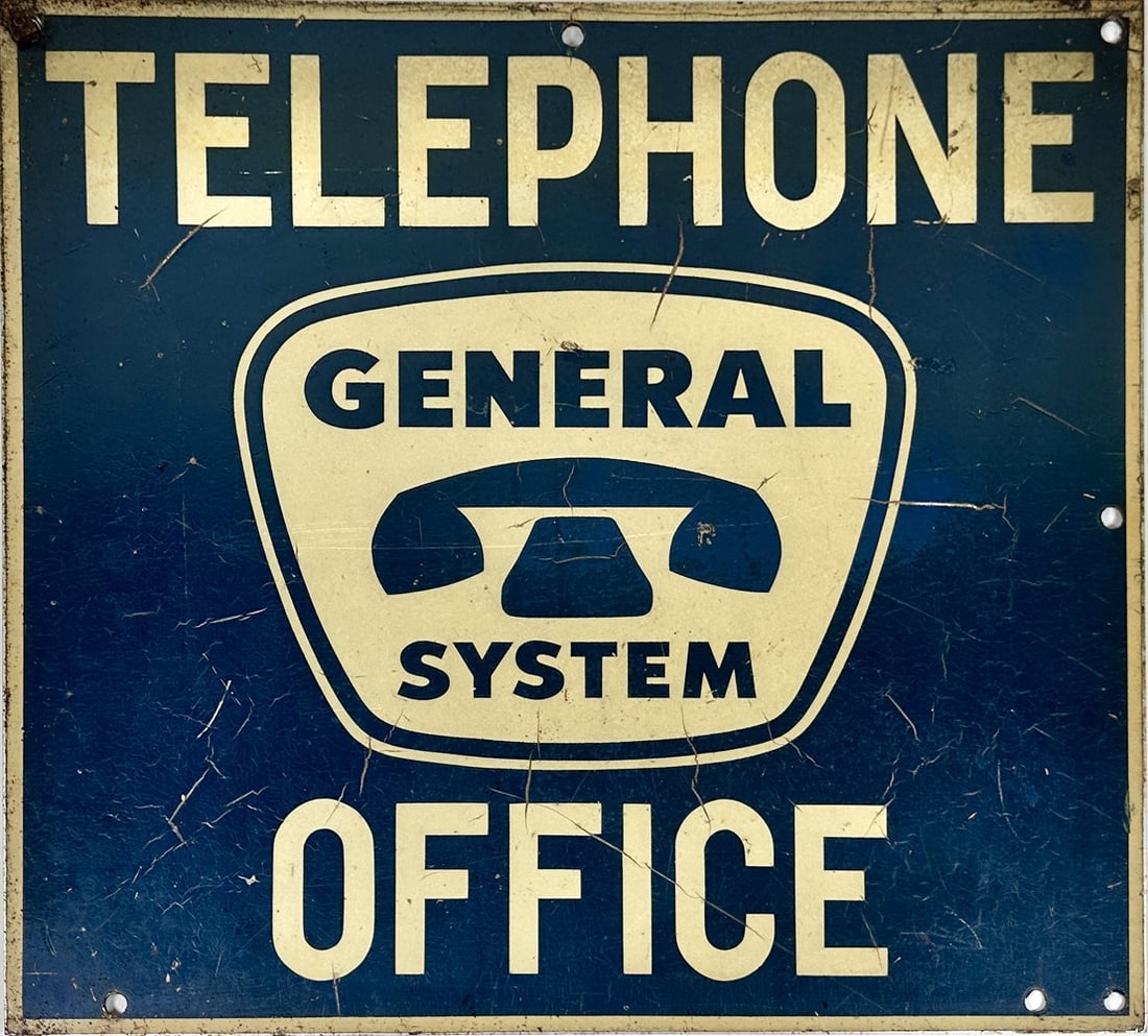 GENERAL SYSTEM TELEPHONE OFFICE DSA SIGN: ADVERTISING - DOUBLE SIDED ALUMINUM SIGN, SCRATCHES THROUGHOUT. 16"X18"