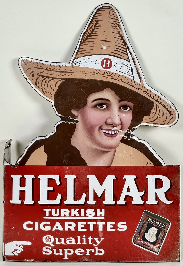 HELMAR CIGARETTES DSP FLANGE SIGN: ADVERTISING - HELMAR TURKISH CIGARETTES - QUALITY SUPERB. DOUBLE SIDED PORCELAIN FLANGE SIGN, WEAR TO ONE SIDE MORE THAN THE OTHER, ELSE GOOD. 23"X16"