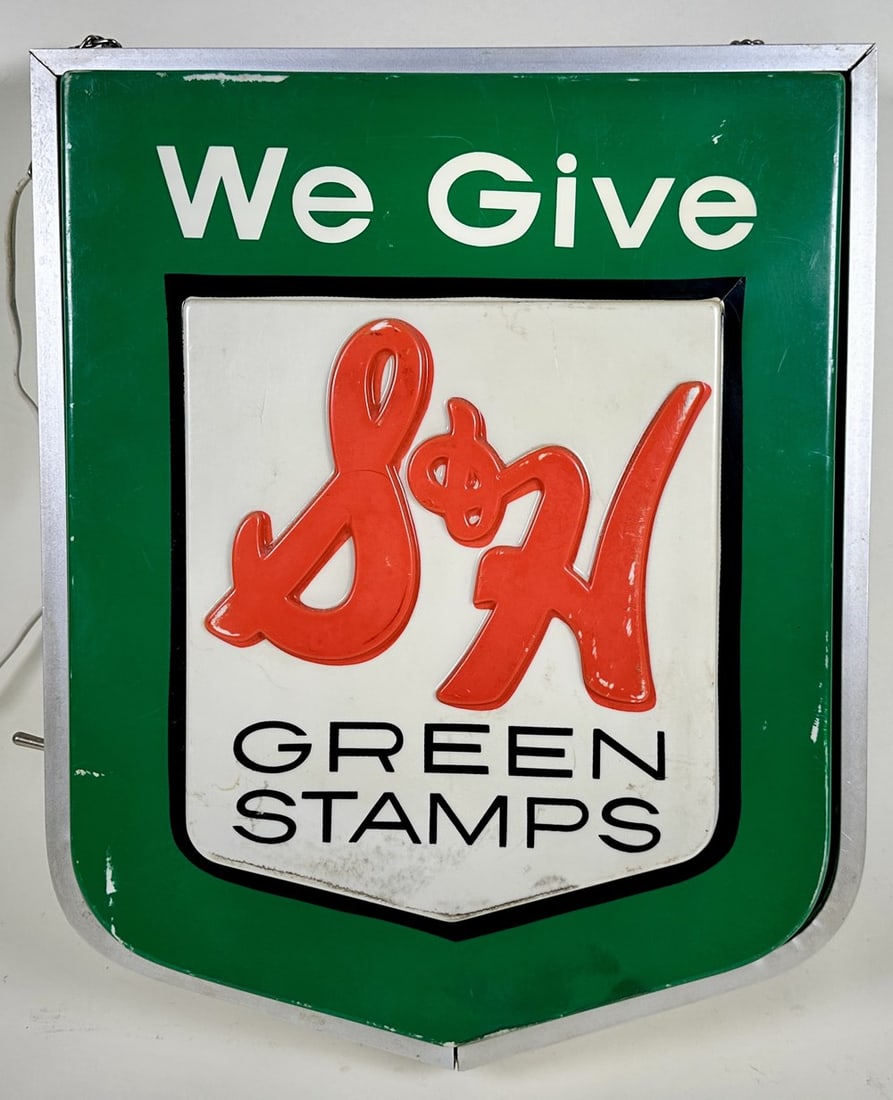 GREEN STAMPS LIT ADVERTISING BOX SIGN: DOUBLE SIDED LIT BOX SIGN, WORKING. 13"X16"X4"