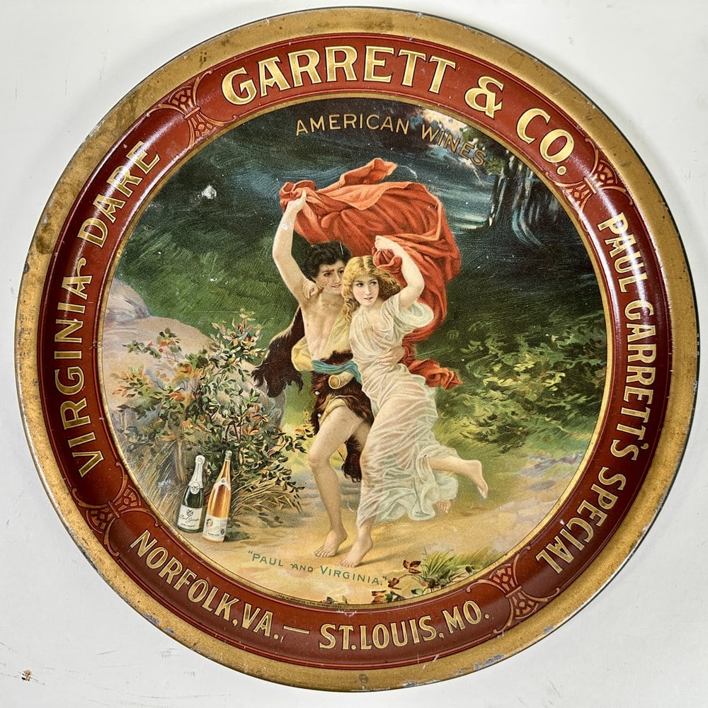 GARRETT & CO. TIN LITHO ADVERTISING TRAY: VIRGINIA DARE, PAUL GARRETTE'S SPECIAL, GARRETT & CO., NORFOLK, VA - ST. LOUIS, MO. MINOR WEAR. 12"