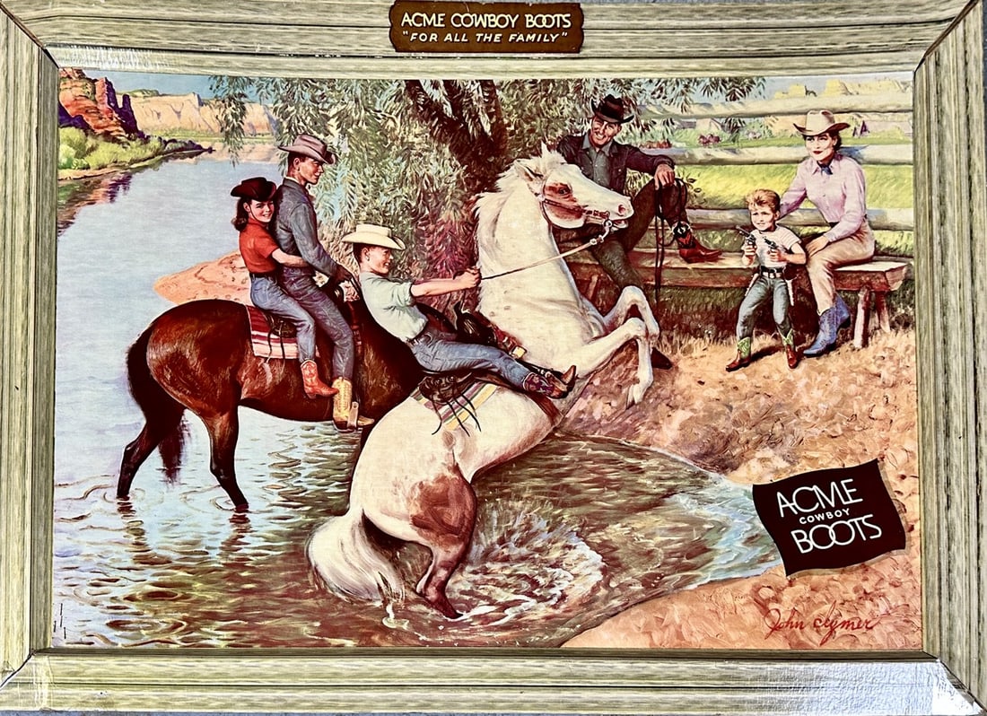 ACME COWBOY BOOT ADVERTISING: ADVERTISING SIGN FOR ACME COWBOY BOOT, LITHO ON CARDBOARD, COUNTER PROP REVERSE. FRAMING AT EDGES IS WEARING AND LOOSE, ELSE GOOD. 33"X47"
