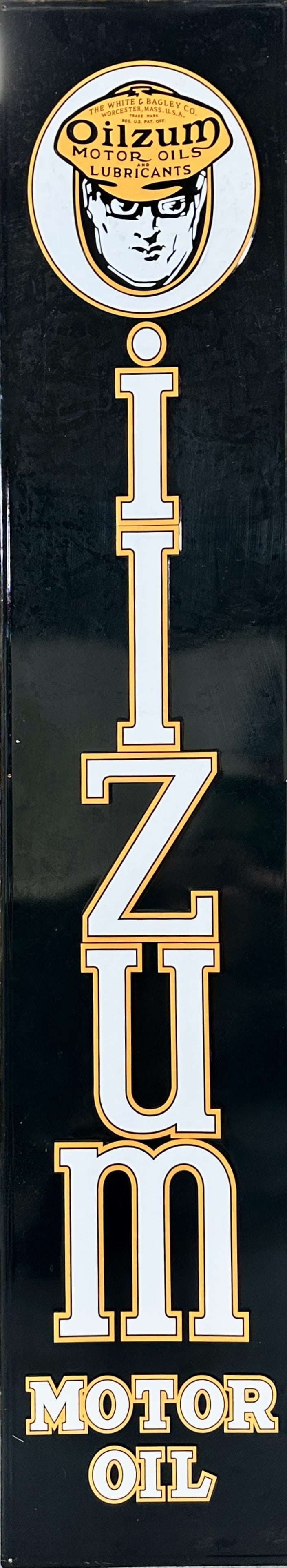 OILZUM MOTOR OILS SST ADVERTISING SIGN: CONTEMPOARY ADVERTISING FOR OILZUM MOTOR OIL. LARGE SINGLE SIDED EMBOSSED TIN SIGN. AS NEW. 11.5"X59.5"