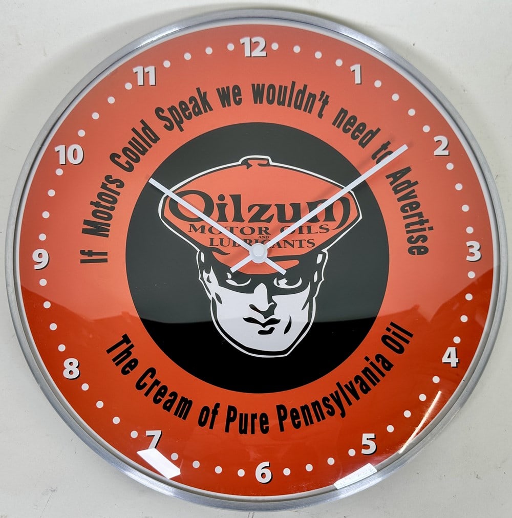 OILZUM MOTOR OILS ADVERTISING WALL CLOCK: CONTEMPORARY, NEW STOCK BATTERY POWERED CLOCK, 12"