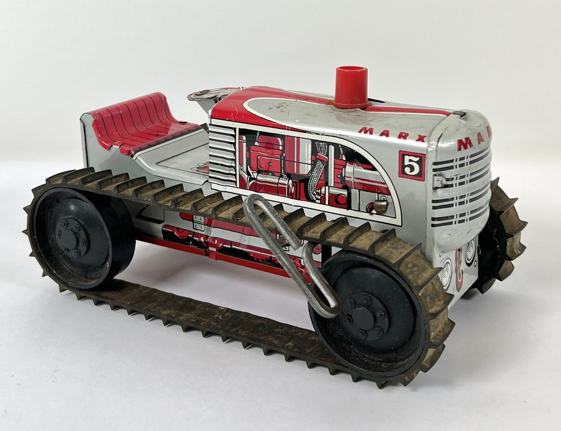 MARX TIN LITHO #5 DOZER TOY: WIND-UP ACTION IS NOT WORKING, RETAIN ORIGINAL BELTS. 8.25"L