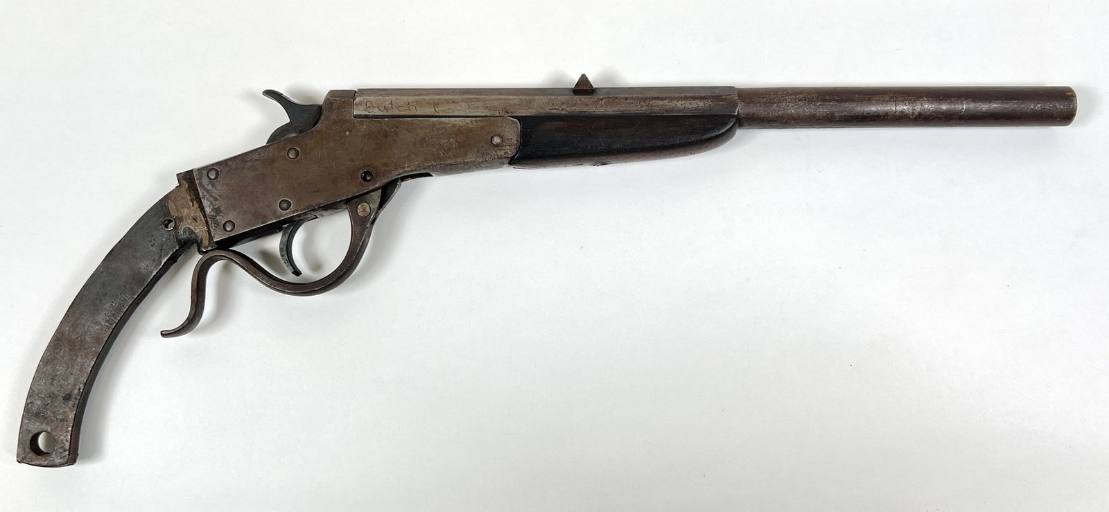 STEVENS A&T CO. MAYNARD JR. PISTOL: STEVENS MAYNARD JR., 22LR. MISSING GRIP. SHIPS AS ANTIQUE.