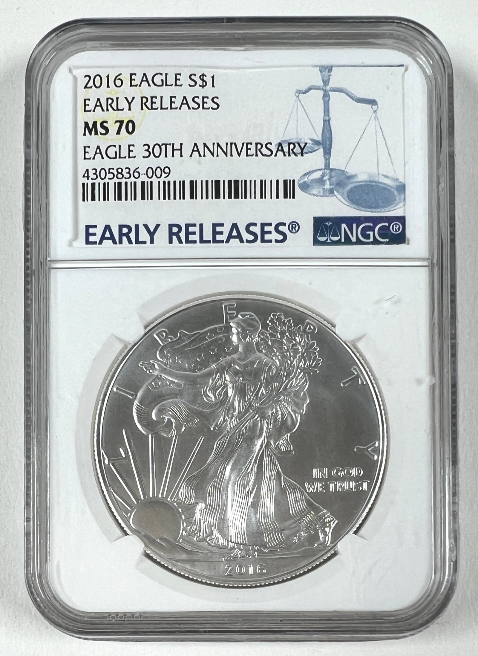 2016 AMERICAN SILVER EAGLE: MS70 BY NGC, 30TH ANNIVERSARY