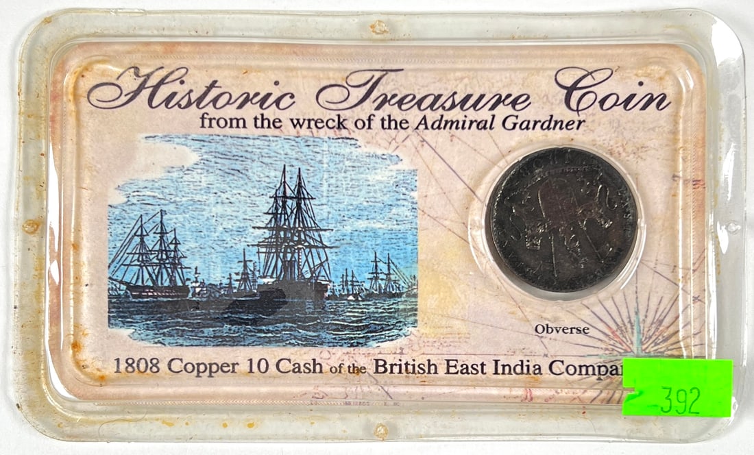 1808 10 CASH SHIPWRECK COIN: ADMIRAL GARDNER BRITISH EAST INDIAN FREGITHER CARRYING NEWLY MINTED COPPER COINAGE. THE 1809 WRECK WAS DISCOVERED 180 YEARS LATER.