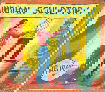 Sideshow Banner - Indian Sculptor - Snap Wyatt: Original, authentic circus, carnival, sideshow banner featuring the Indian Sculptor. Snap Wyatt (American, 1905-1984) hand-painted canvas banner. Signed. Wear consistent with show use which may