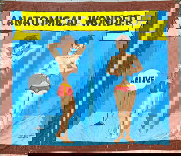 Sideshow Banner - Anatomical Wonder - Dick Beck: Original, authentic circus, carnival, sideshow banner featuring the Anatomical Wonder. Dick Beck (American, 20th c.), Sho-painter, Kissimmee, Florida. Hand-painted canvas banner. Light wear