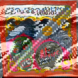 Sideshow Banner - Voo-Doo Magic - Dutch Sho-Art: Original, authentic circus, carnival, sideshow Voo-Doo Magic banner. Signed Dutch - Sho-Art, Tampa. Hand-painted canvas banner. Light wear consistent with show use. 7'2"x7'2". Robert F. Houston