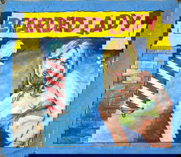 Sideshow Banner - Bearded Lady - Dick Beck: Original, authentic circus, carnival, sideshow banner featuring The Bearded Lady. Dick Beck (American, 20th c.), Sho-painter, Kissimmee, Florida. Hand-painted canvas banner. Light wear consistent