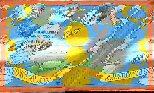 Philadelphia Mini-Museum of the Circus Banner: Original attraction banner for Robert F. Houston's (American, B.1939) Phil. Mini-Museum of the Circus. Johnny Meah, Meah Studios, hand-painted canvas banner featuring vignettes celebrating the bicente